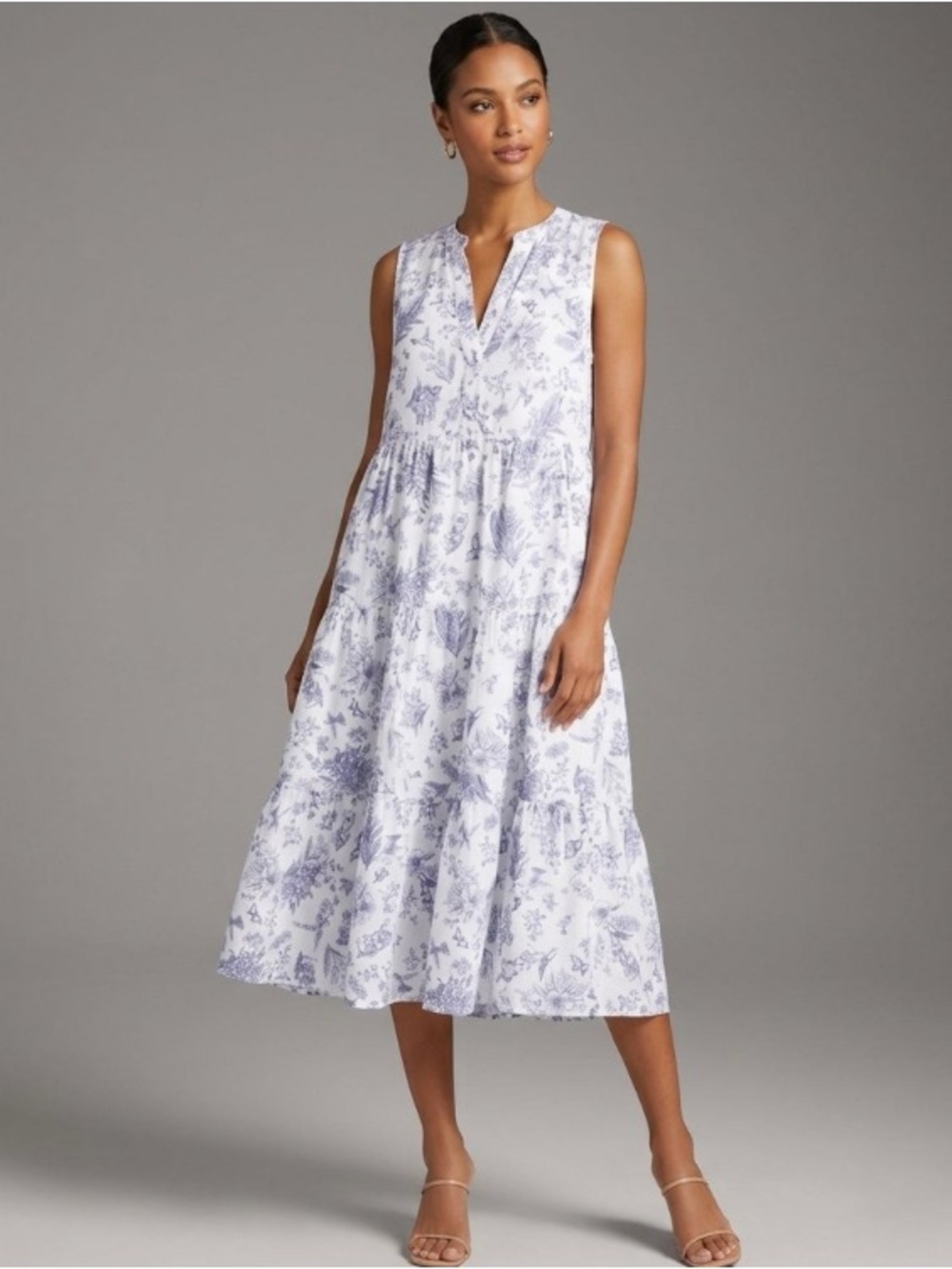 Rose Marine Sleeveless Linen White Dress Blue Floral Print Sz L Feminine A-Line
